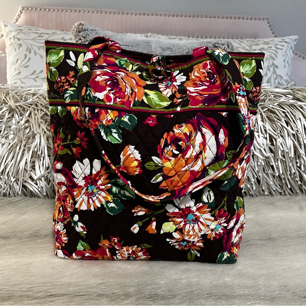 VERA BRADLEY English Rose 2012 Medium Toggle Tote Y2K Brown Pink Quilted Cottage